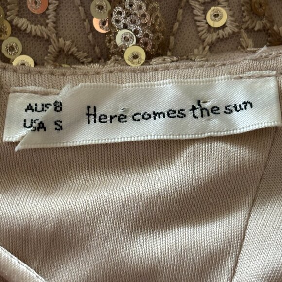 Here Comes The Sun Gold Sequin Mini Dress Boho Babydoll Fairycore Party Glam USA - Picture 9 of 16